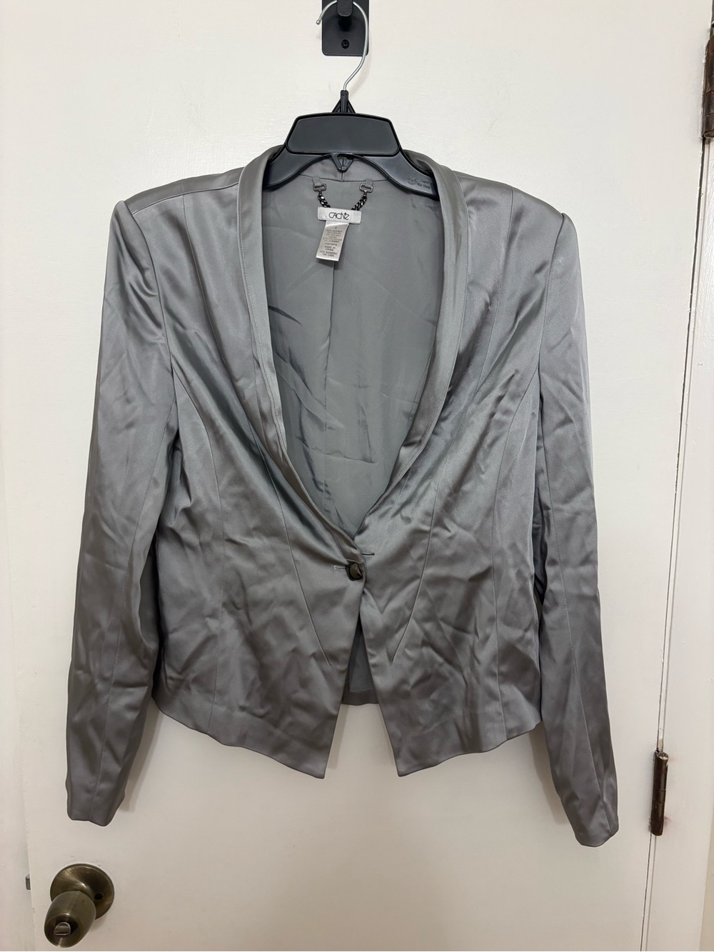VTG Caché Silver Metallic Satin Blazer Fitted Jacket 6 Y2K